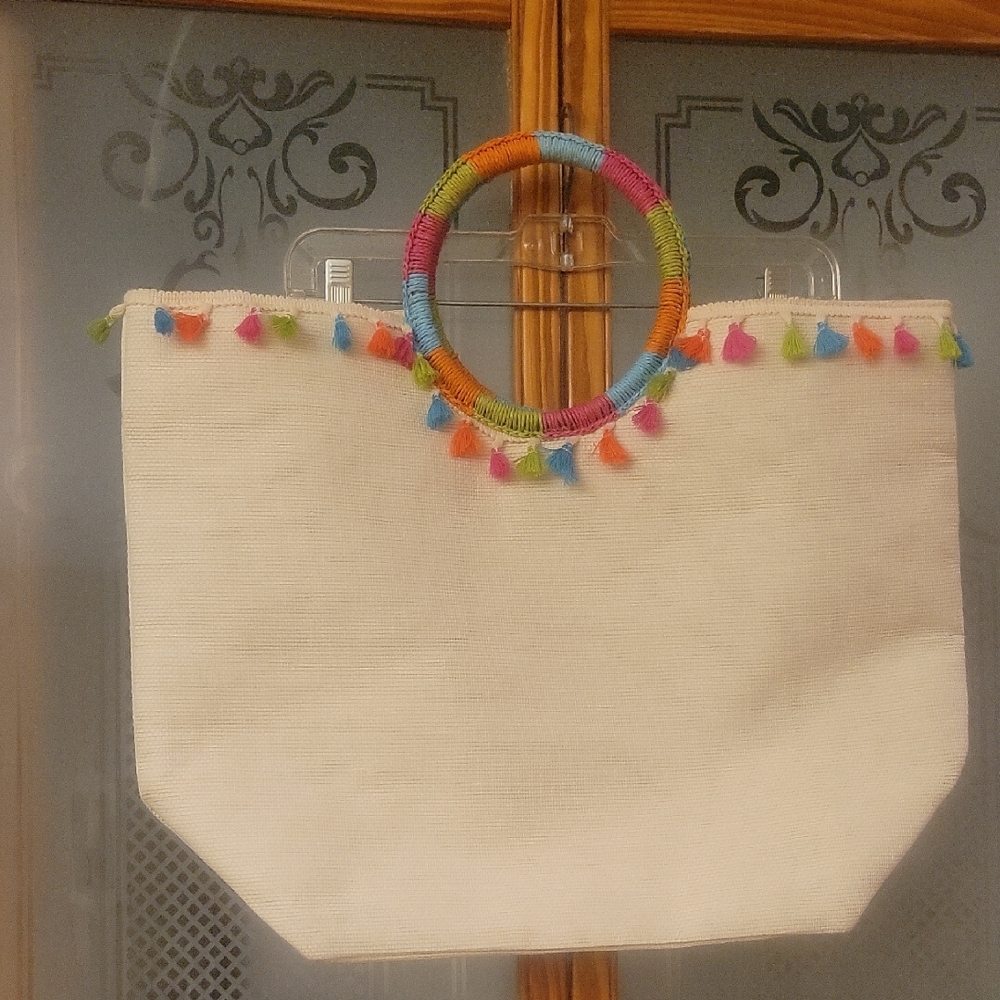 Colorful Handle White Beach Tote Bag